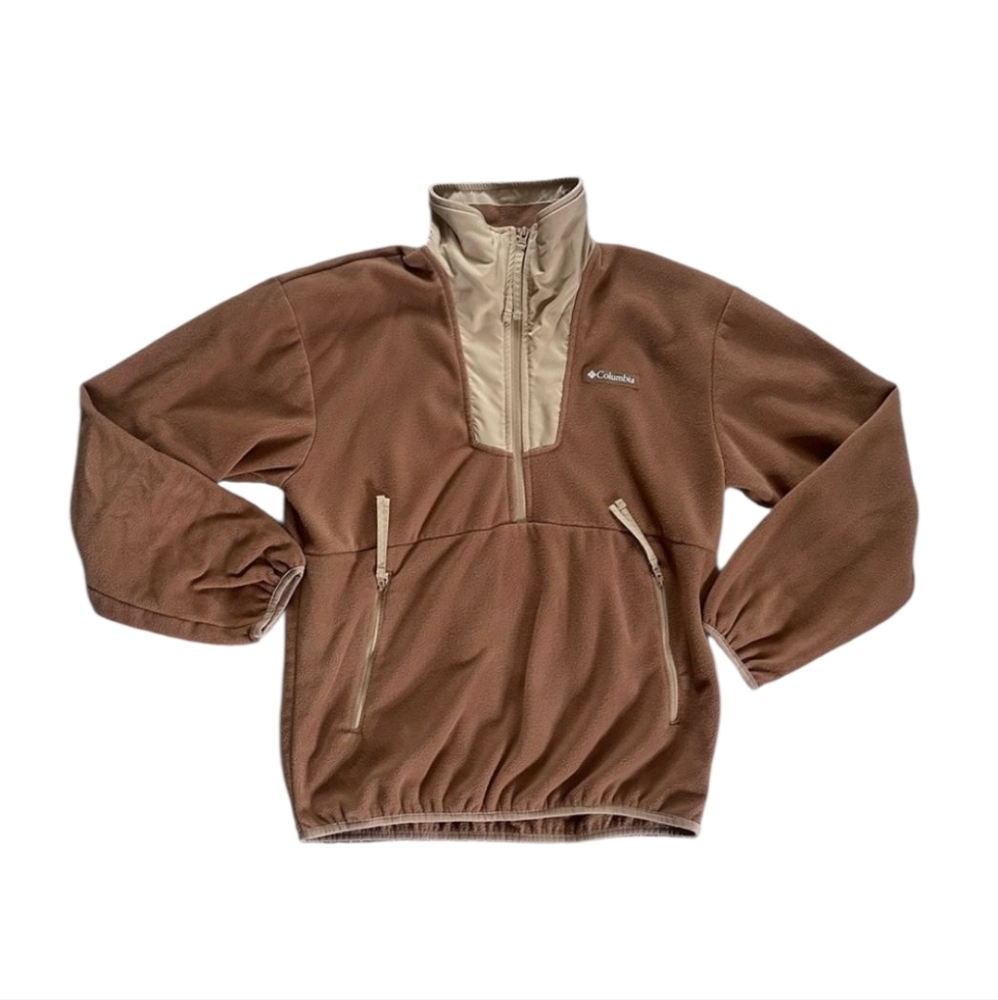 😁Columbia Brown Gold and Tan Fleece Quarter Zip Pullover Size Large
